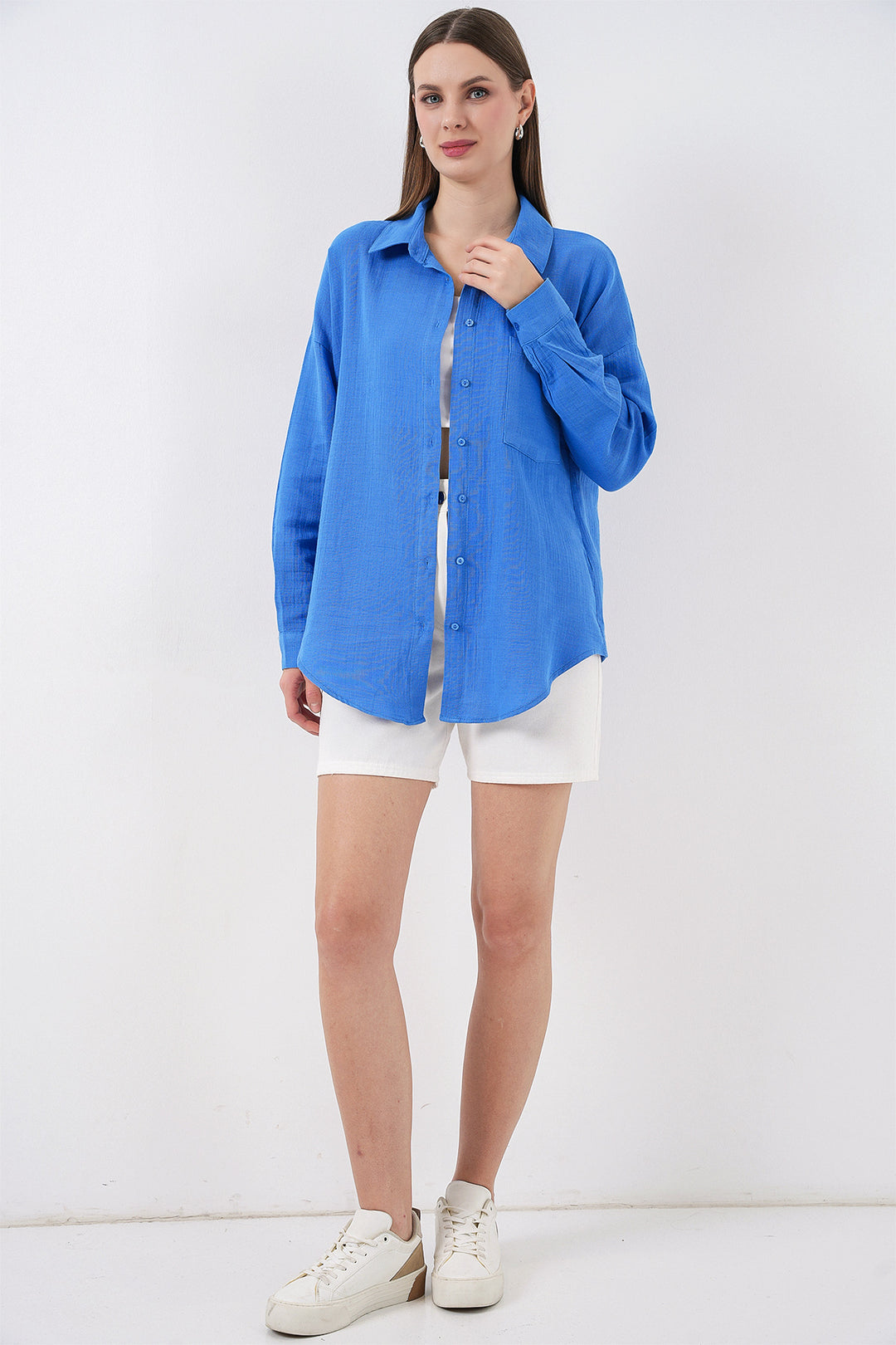 BGD Women Kadın Tek Cepli Oversize Müslin Gömlek 20353 - Mavi - Tultepec