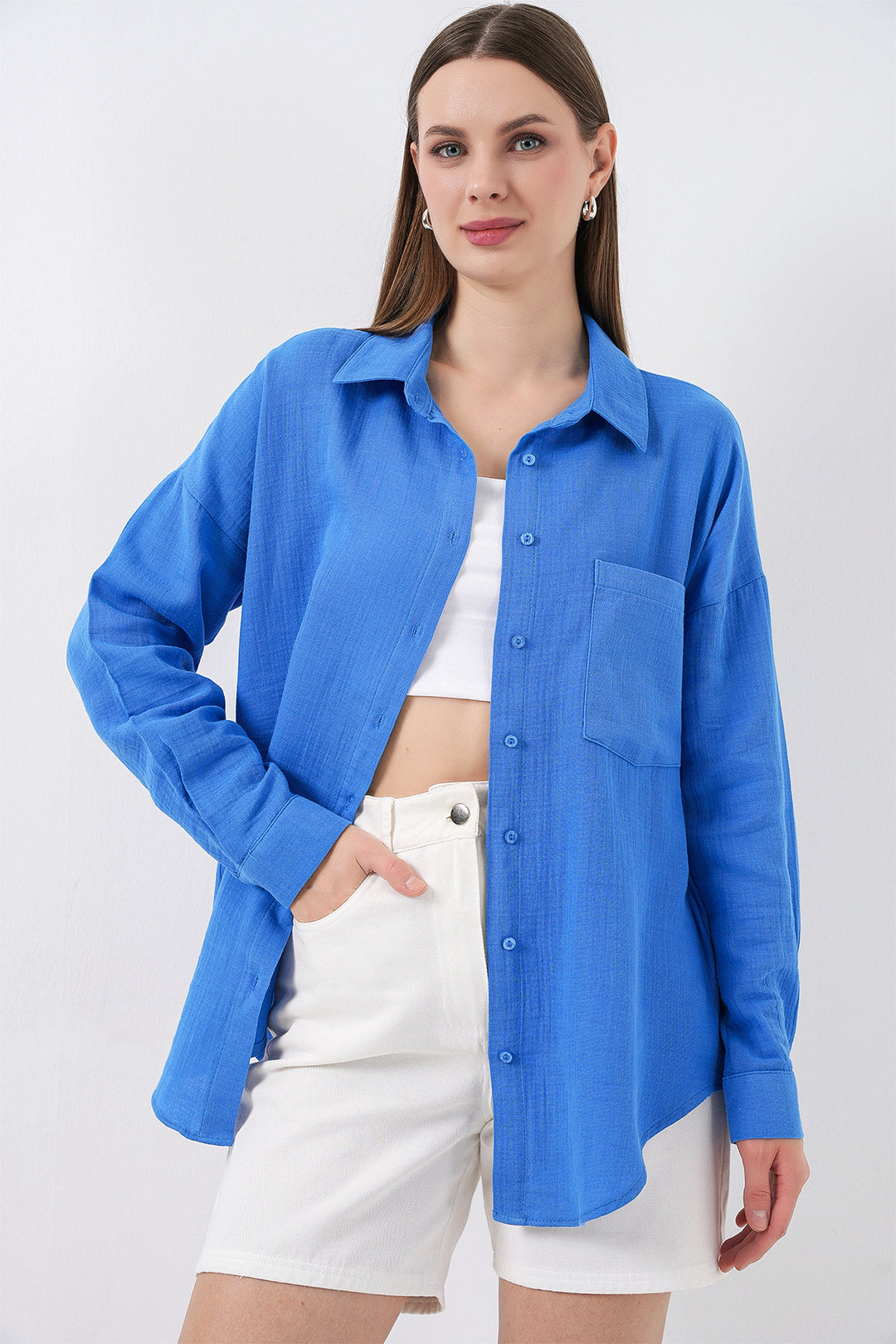BGD Women Kadın Tek Cepli Oversize Müslin Gömlek 20353 - Mavi - Tultepec
