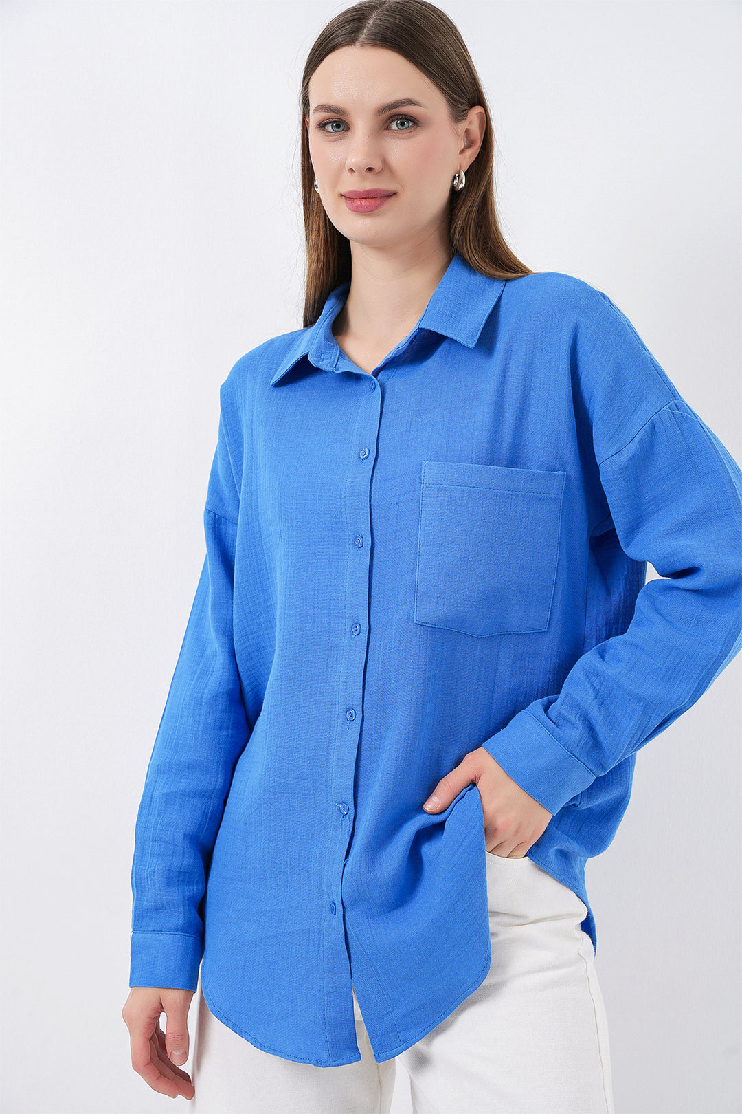 BGD Women Kadın Tek Cepli Oversize Müslin Gömlek 20353 - Mavi - Tultepec