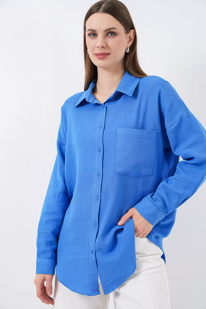 BGD Women Kadın Tek Cepli Oversize Müslin Gömlek 20353 - Mavi - Tultepec