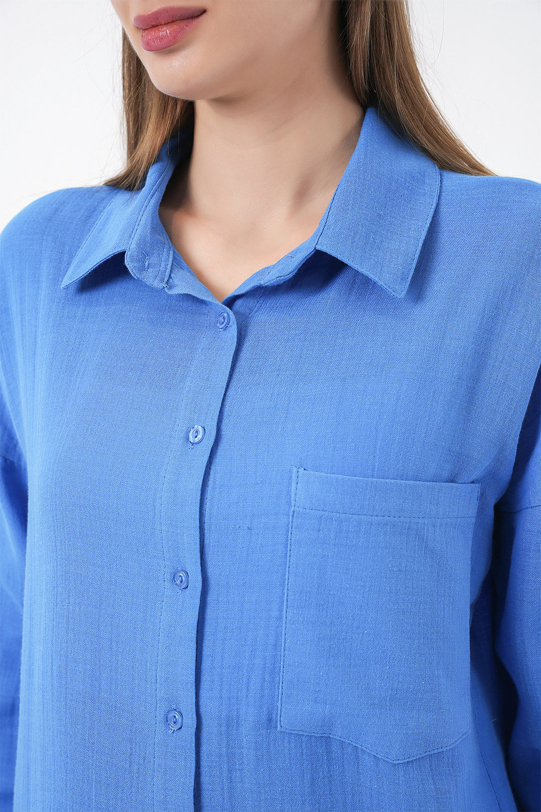 BGD Women Kadın Tek Cepli Oversize Müslin Gömlek 20353 - Mavi - Tultepec