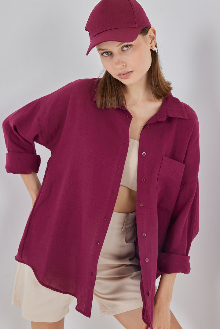 BGD Women Kadın Tek Cepli Oversize Müslin Gömlek 20353 - Mürdüm - Teramo