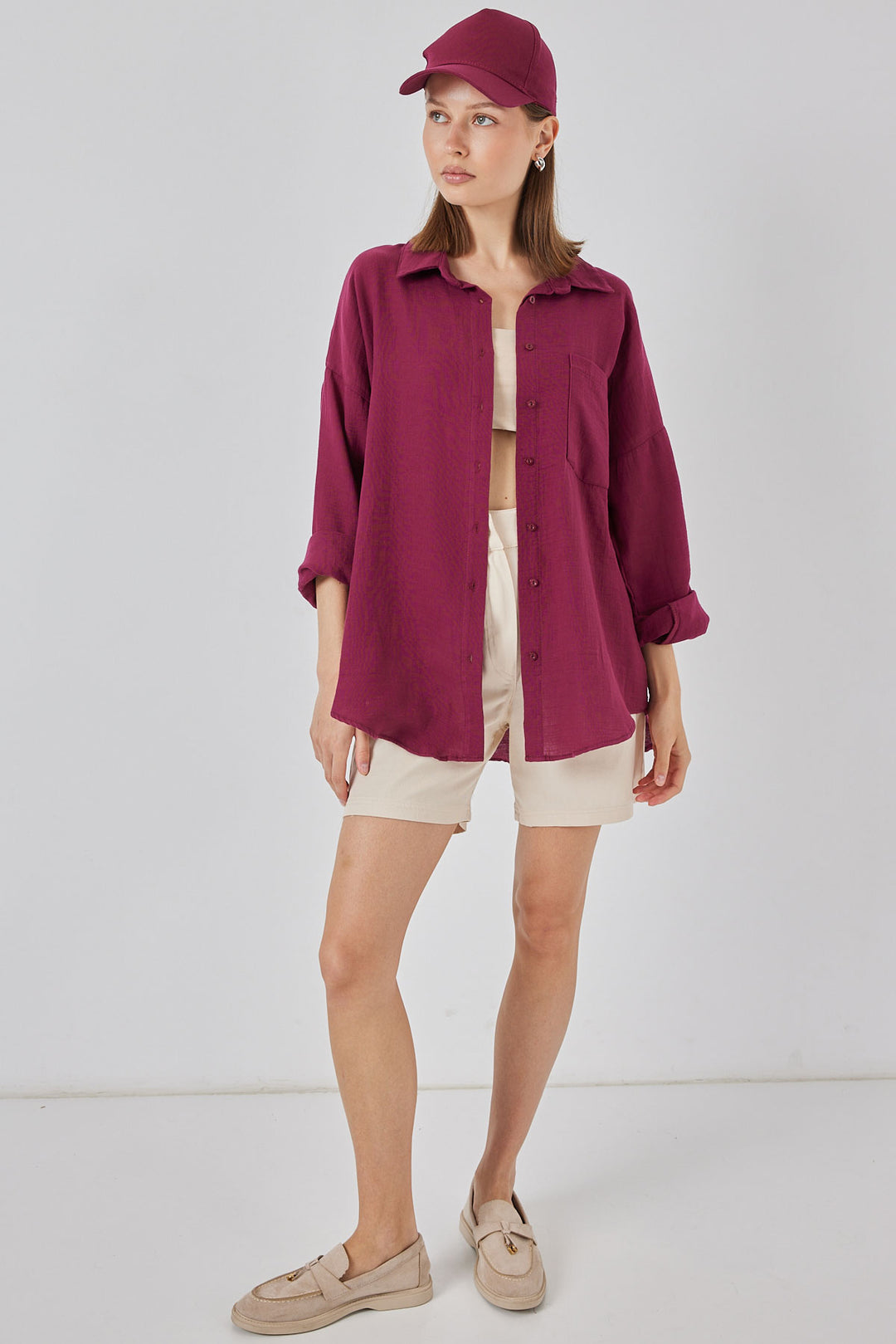 BGD Women Kadın Tek Cepli Oversize Müslin Gömlek 20353 - Mürdüm - Teramo