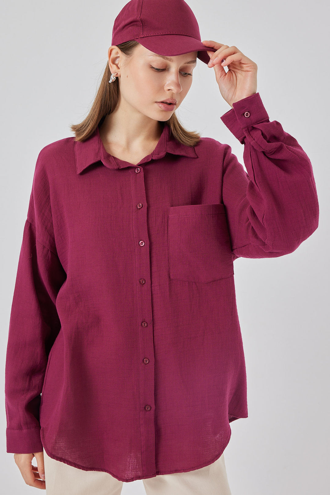 BGD Women Kadın Tek Cepli Oversize Müslin Gömlek 20353 - Mürdüm - Teramo