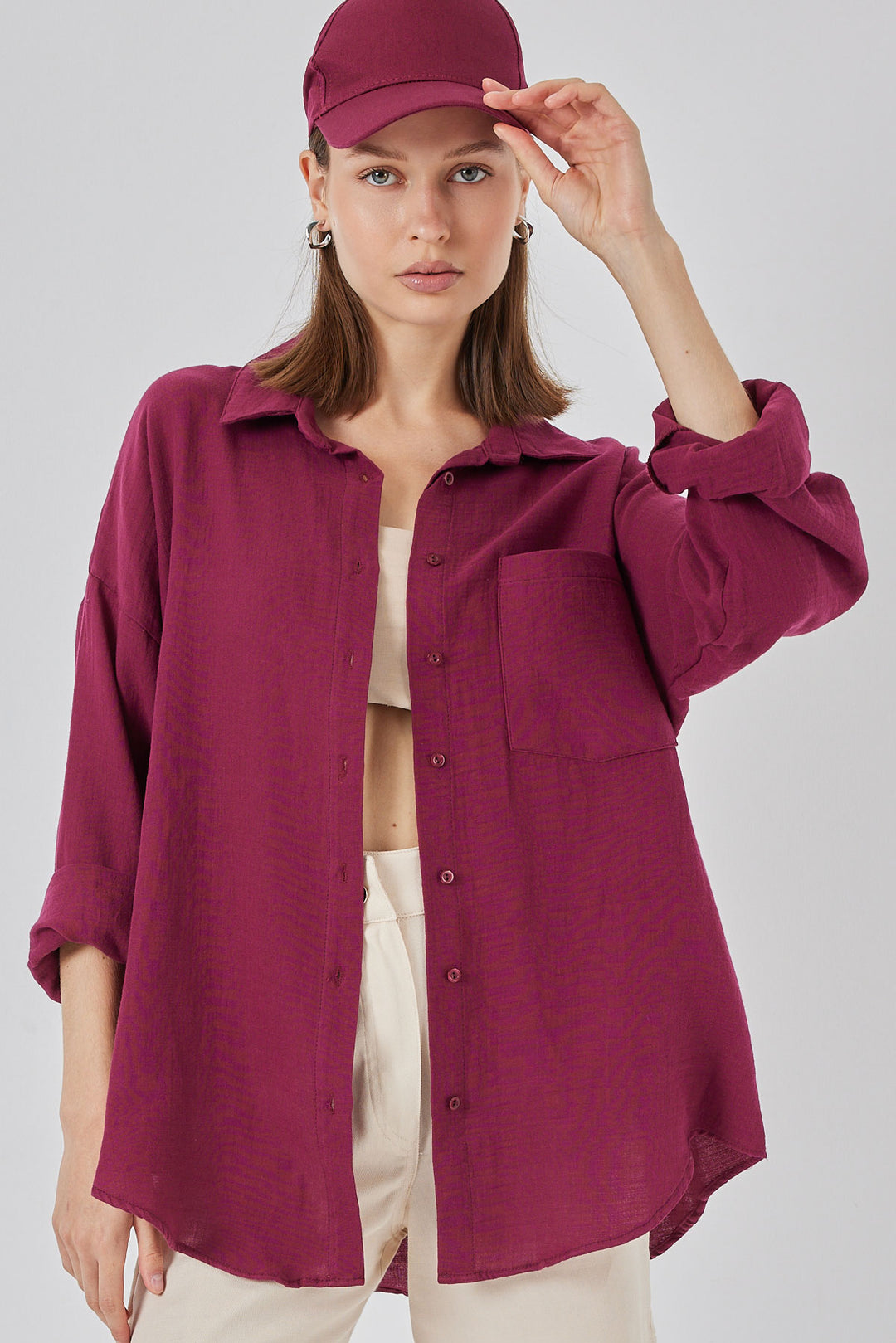 BGD Women Kadın Tek Cepli Oversize Müslin Gömlek 20353 - Mürdüm - Teramo