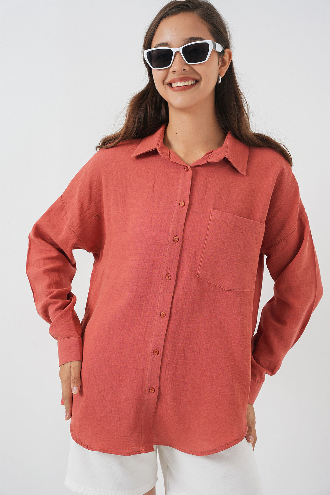 BGD Women Woman Single Pocket Oversized Muslin Shirt 20353 - Salmon - Derry