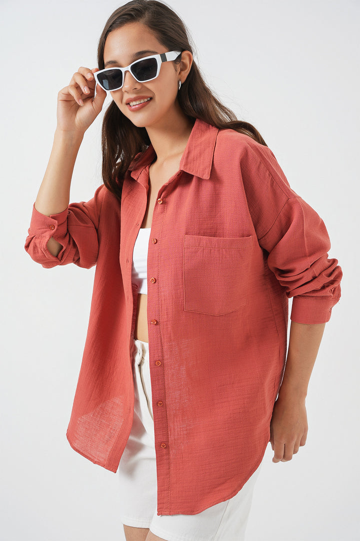 BGD Women Woman Single Pocket Oversized Muslin Shirt 20353 - Salmon - Derry