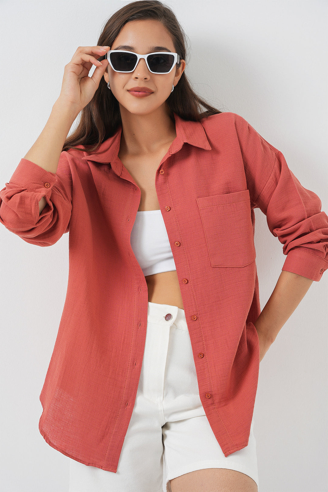 BGD Women Woman Single Pocket Oversized Muslin Shirt 20353 - Salmon - Derry