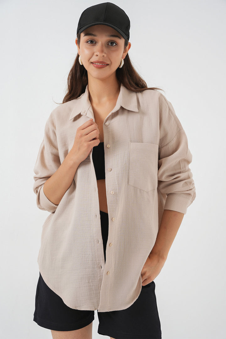 BGD Women Women's Single Pocket Oversized Muslin Shirt 20353 - Stone - Plainfield