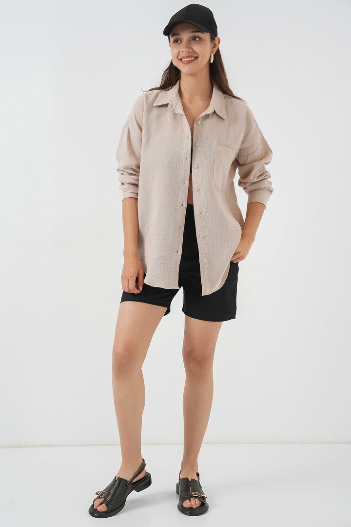 BGD Women Women's Single Pocket Oversized Muslin Shirt 20353 - Stone - Plainfield