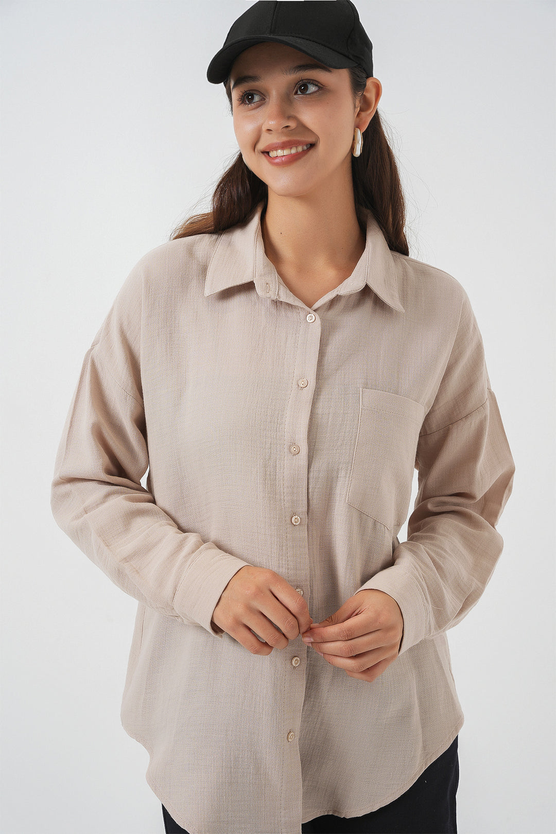BGD Women Women's Single Pocket Oversized Muslin Shirt 20353 - Stone - Plainfield