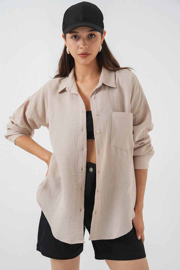 BGD Women Women's Single Pocket Oversized Muslin Shirt 20353 - Stone - Plainfield