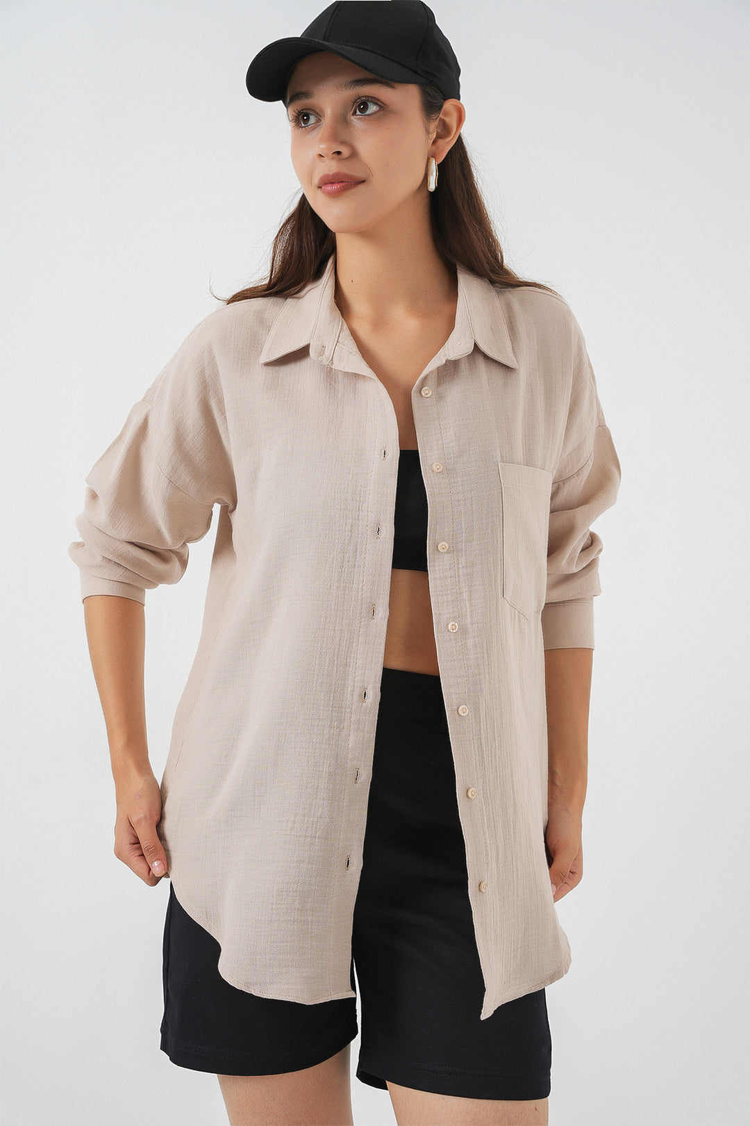 BGD Women Women's Single Pocket Oversized Muslin Shirt 20353 - Stone - Plainfield