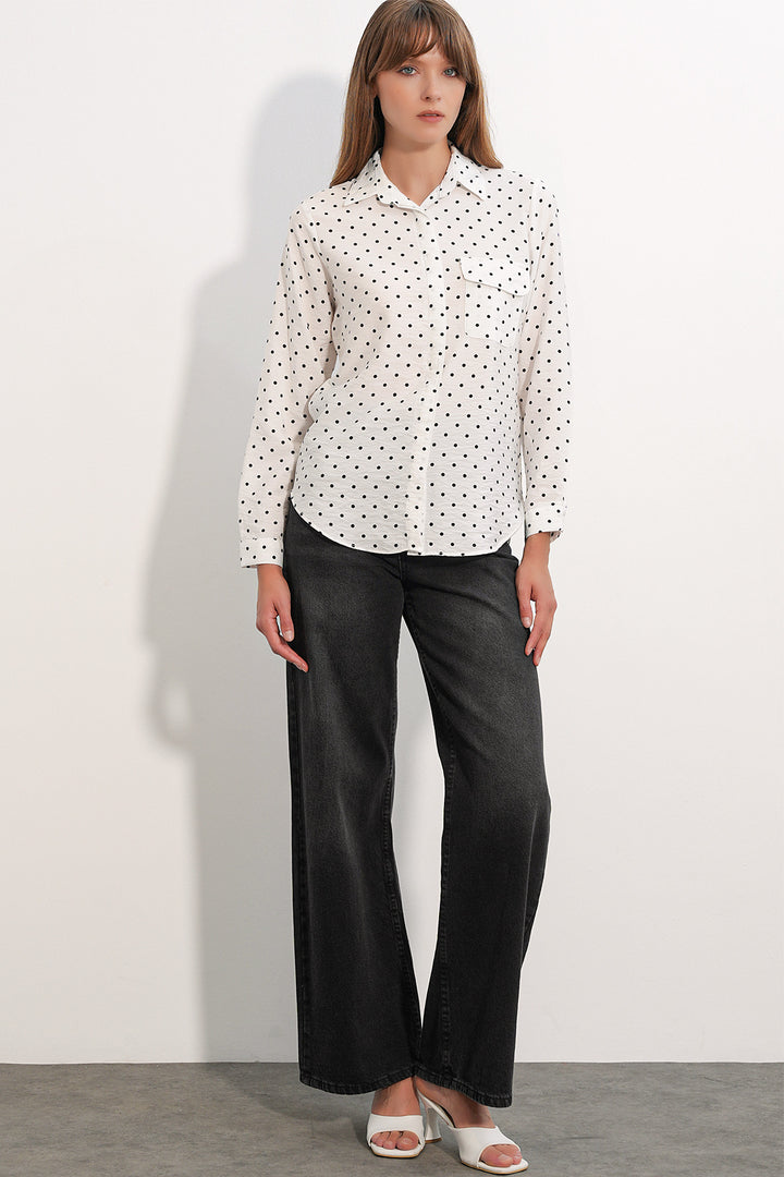 BGD Women Kadın Tek Cepli Puantiyeli Oversize Gömlek 20399 - Beyaz - Findlay