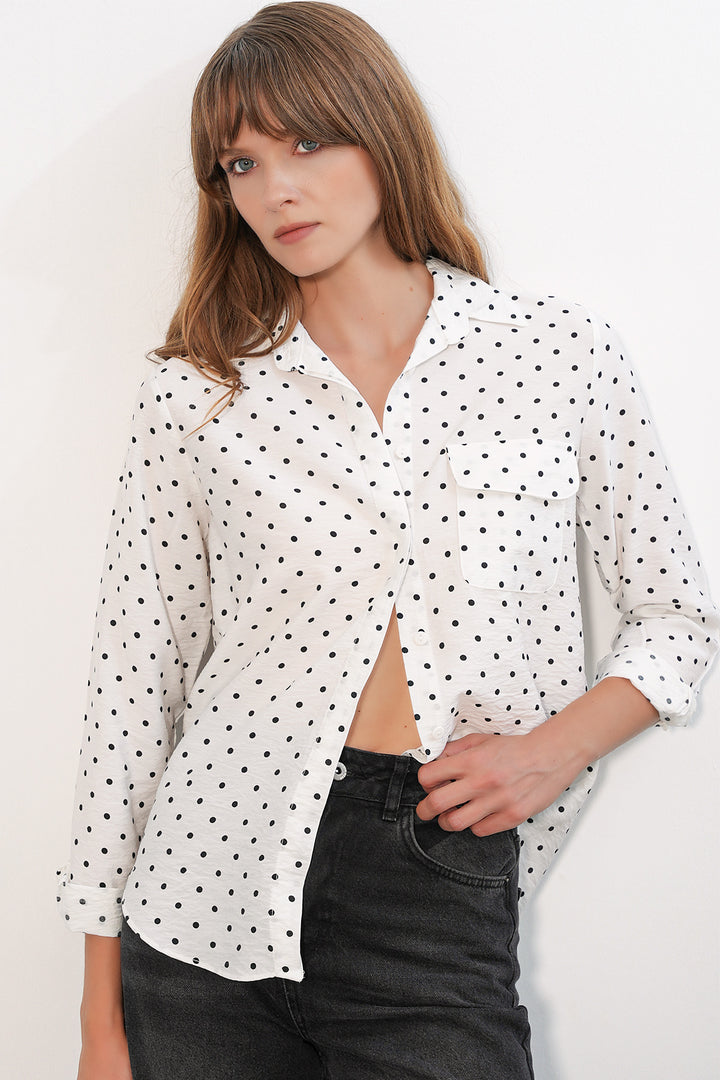 BGD Women Kadın Tek Cepli Puantiyeli Oversize Gömlek 20399 - Beyaz - Findlay