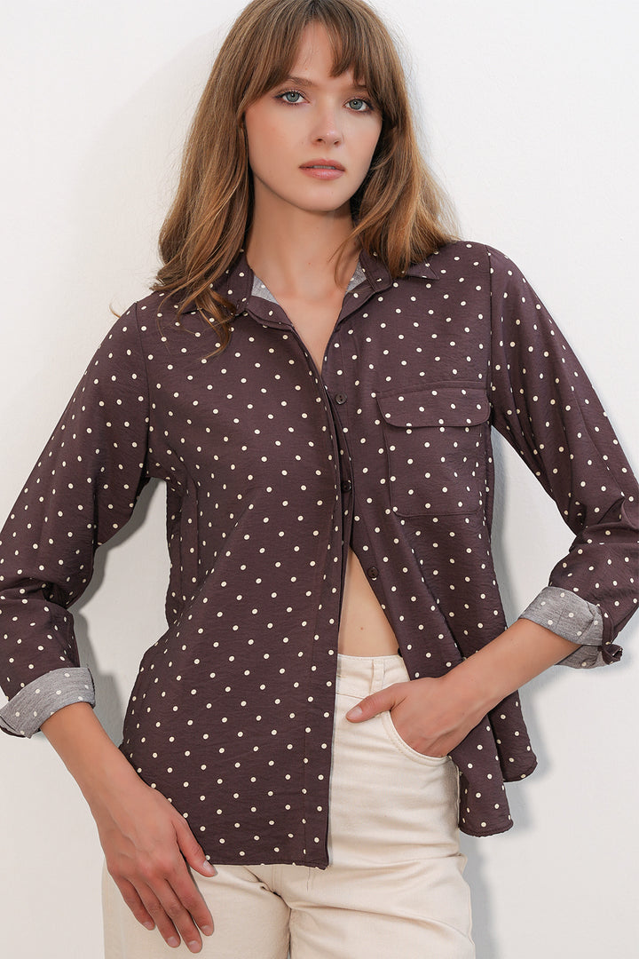 BGD Women Kadın Tek Cepli Puantiyeli Oversize Gömlek 20399 - Kahverengi - Călăraşi
