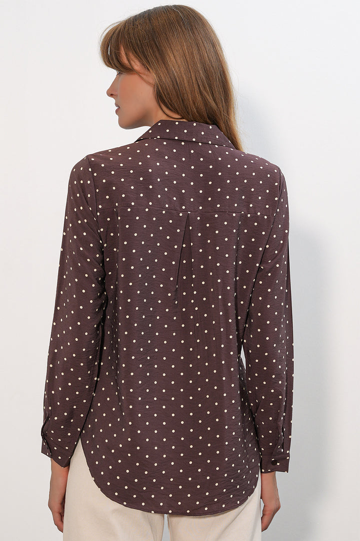 BGD Women Kadın Tek Cepli Puantiyeli Oversize Gömlek 20399 - Kahverengi - Călăraşi