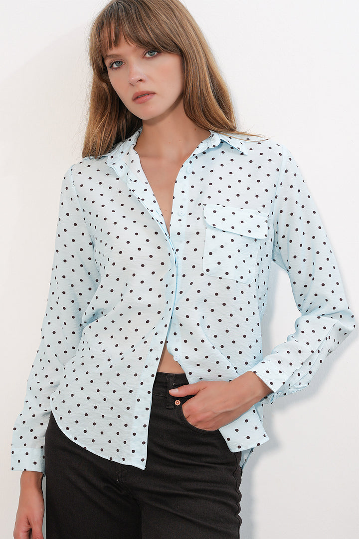BGD Women Kadın Tek Cepli Puantiyeli Oversize Gömlek 20399 - Mavi - Launceston