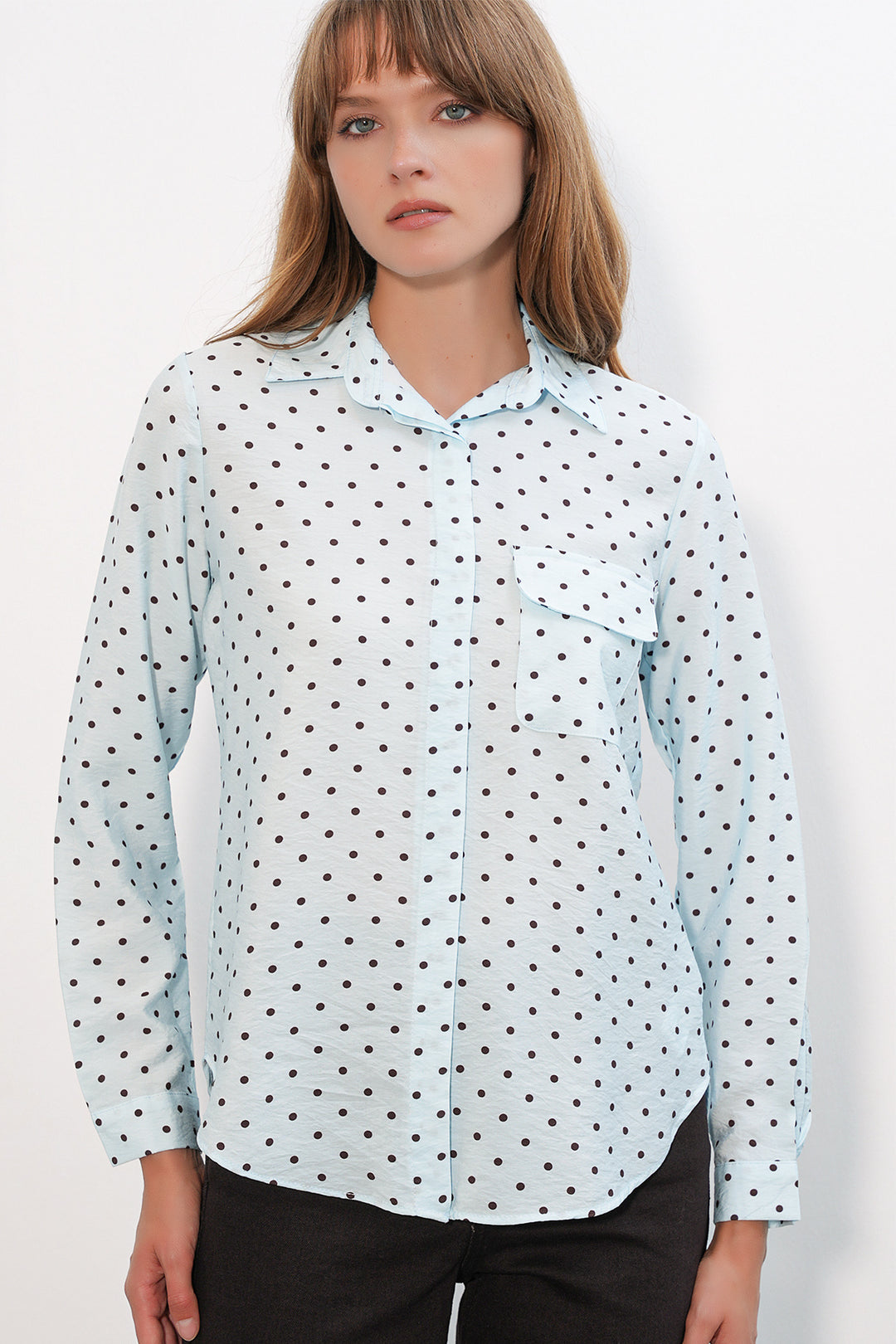 BGD Women Kadın Tek Cepli Puantiyeli Oversize Gömlek 20399 - Mavi - Launceston