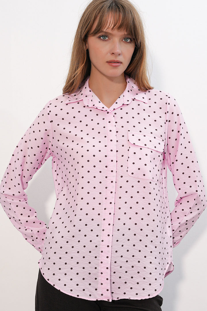 BGD Women Kadın Tek Cepli Puantiyeli Oversize Gömlek 20399 - Pembe - Sykiés