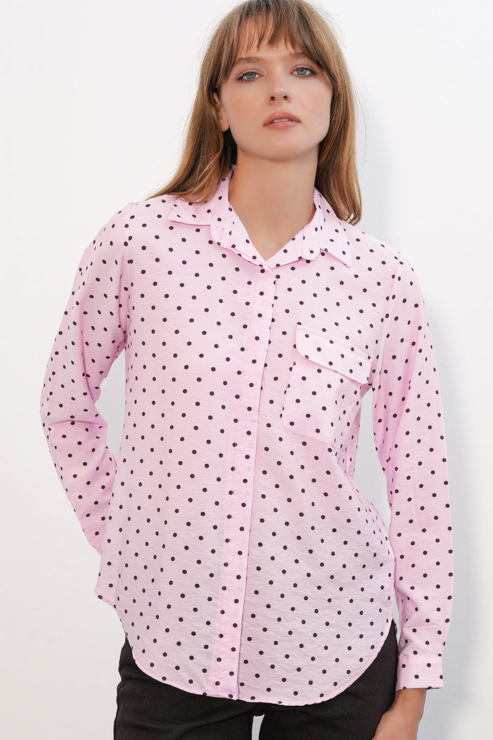 BGD Women Kadın Tek Cepli Puantiyeli Oversize Gömlek 20399 - Pembe - Sykiés