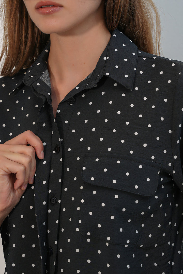 BGD Women Kadın Tek Cepli Puantiyeli Oversize Gömlek 20399 - Siyah - Adelanto