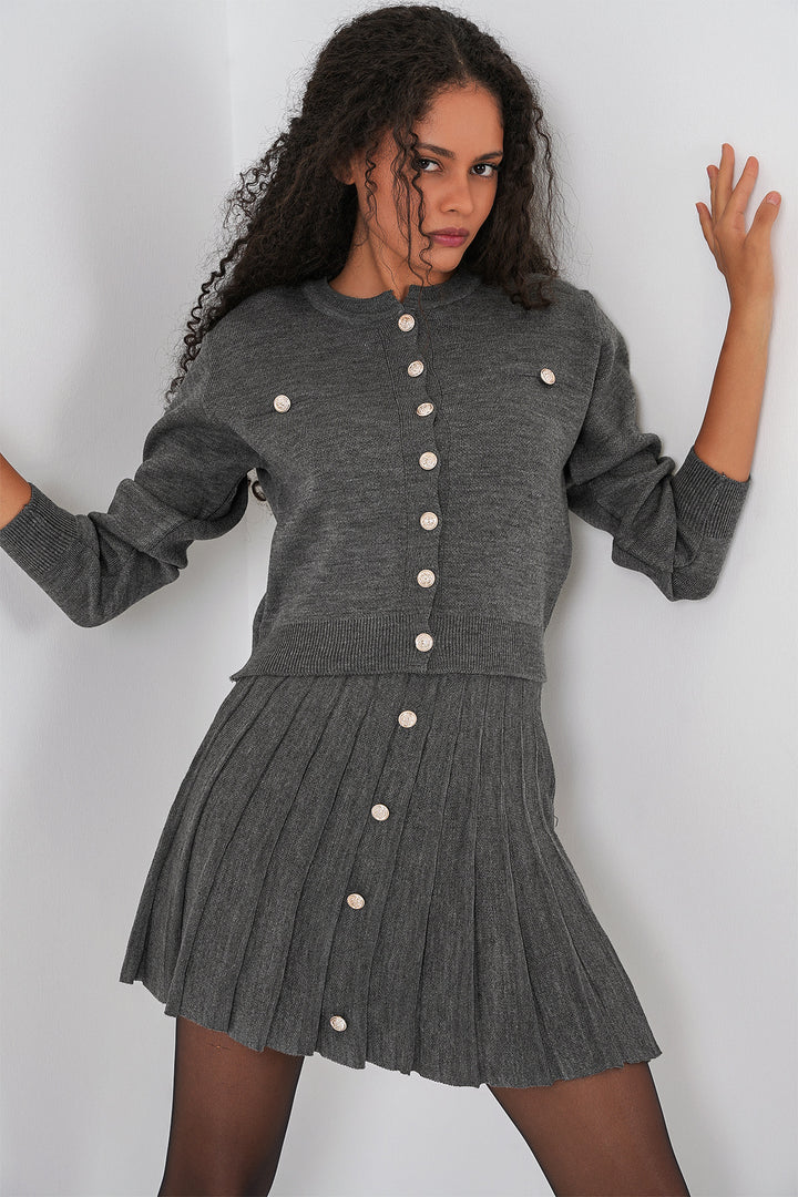 BGD Women Women's Knit Cardigan Skirt Set 15942 - Anthracite - Costa Mesa