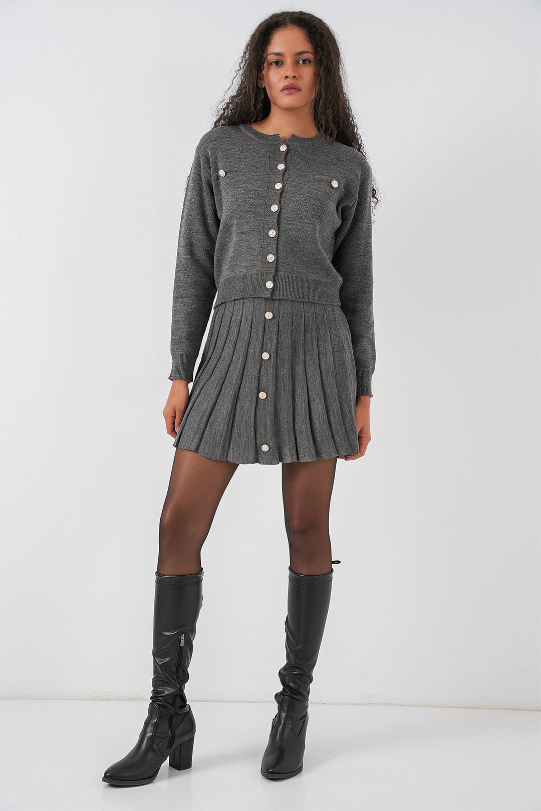 BGD Women Women's Knit Cardigan Skirt Set 15942 - Anthracite - Union