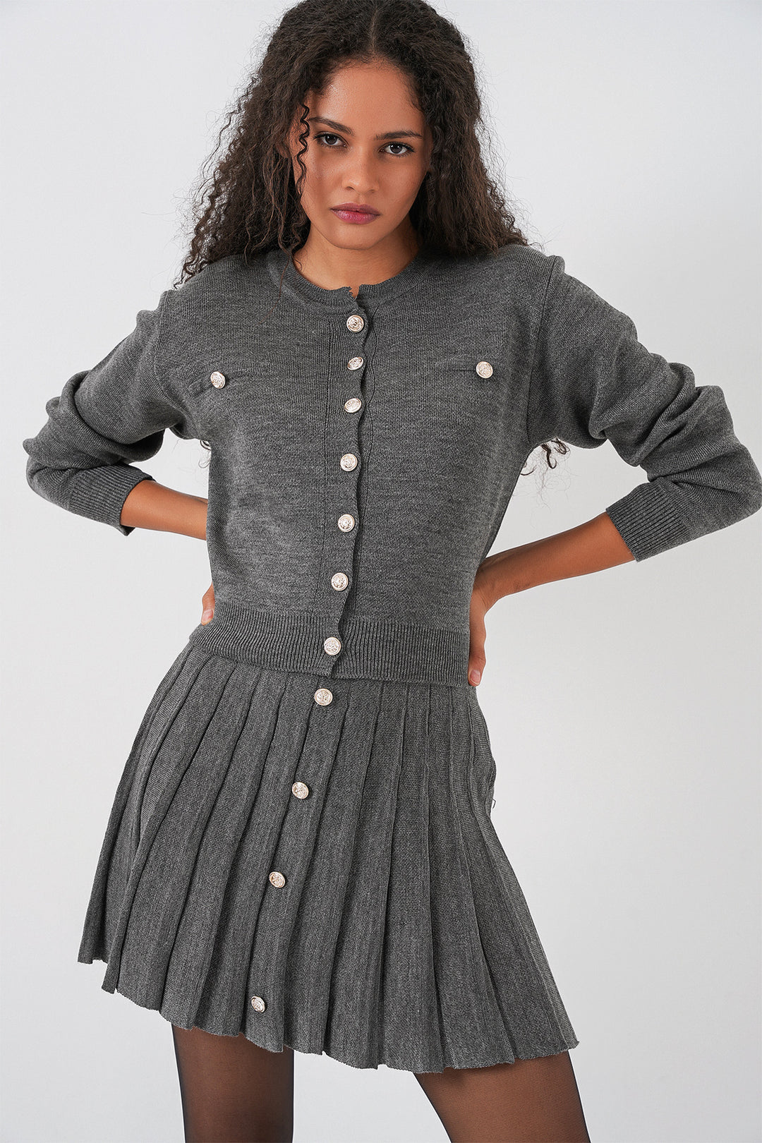 BGD Women Women's Knit Cardigan Skirt Set 15942 - Anthracite - Costa Mesa