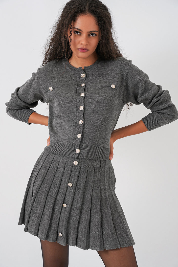 BGD Women Women's Knit Cardigan Skirt Set 15942 - Anthracite - Costa Mesa
