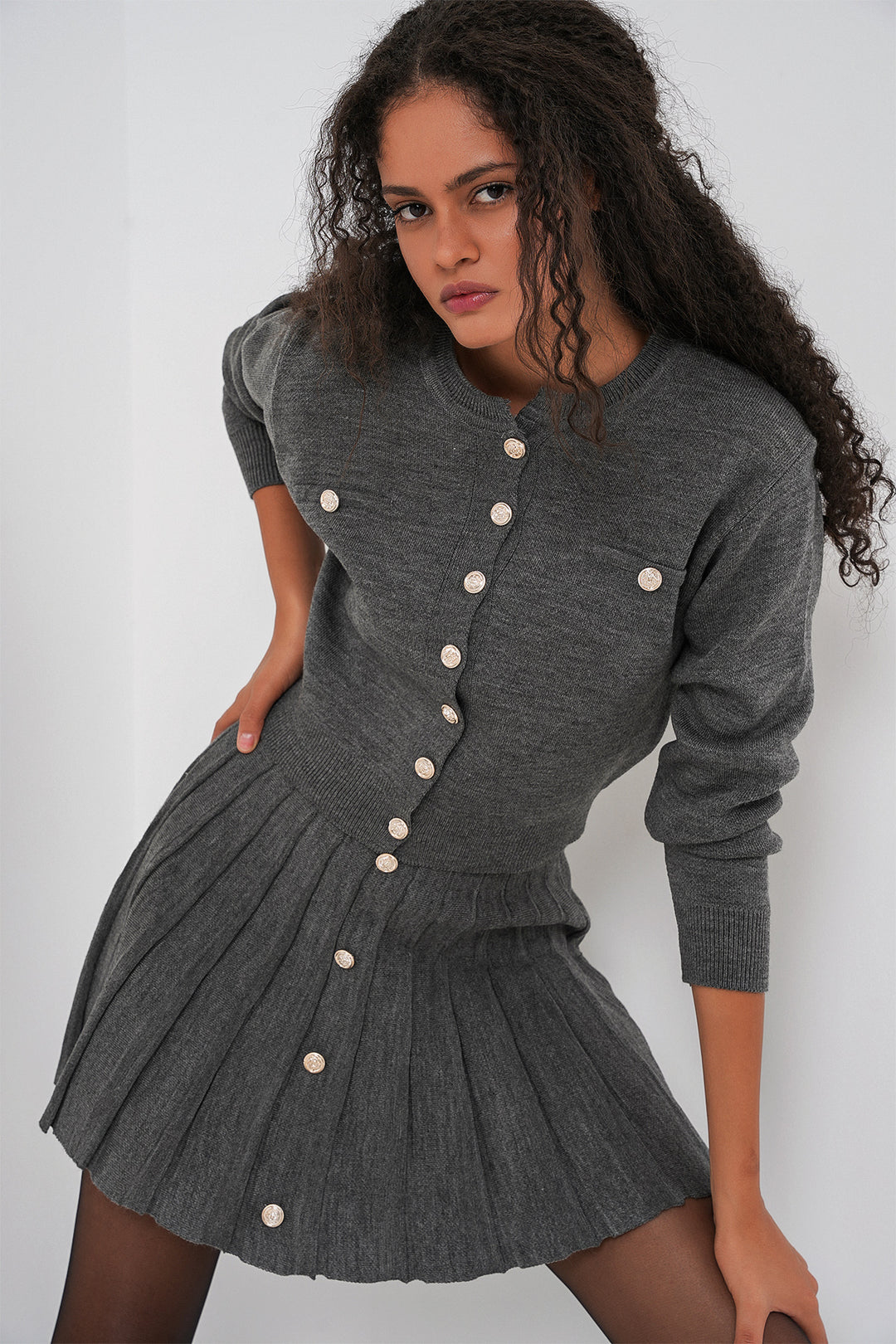 BGD Women Women's Knit Cardigan Skirt Set 15942 - Anthracite - Union