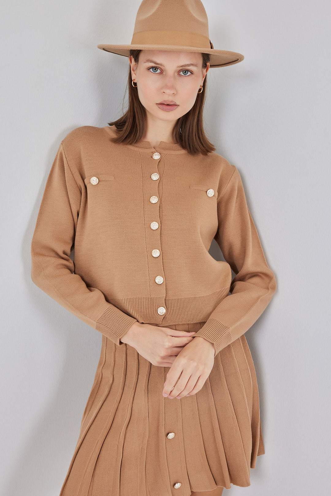 BGD Women Women's Knit Cardigan Skirt Set 15942 - Biscuit - Podujevë