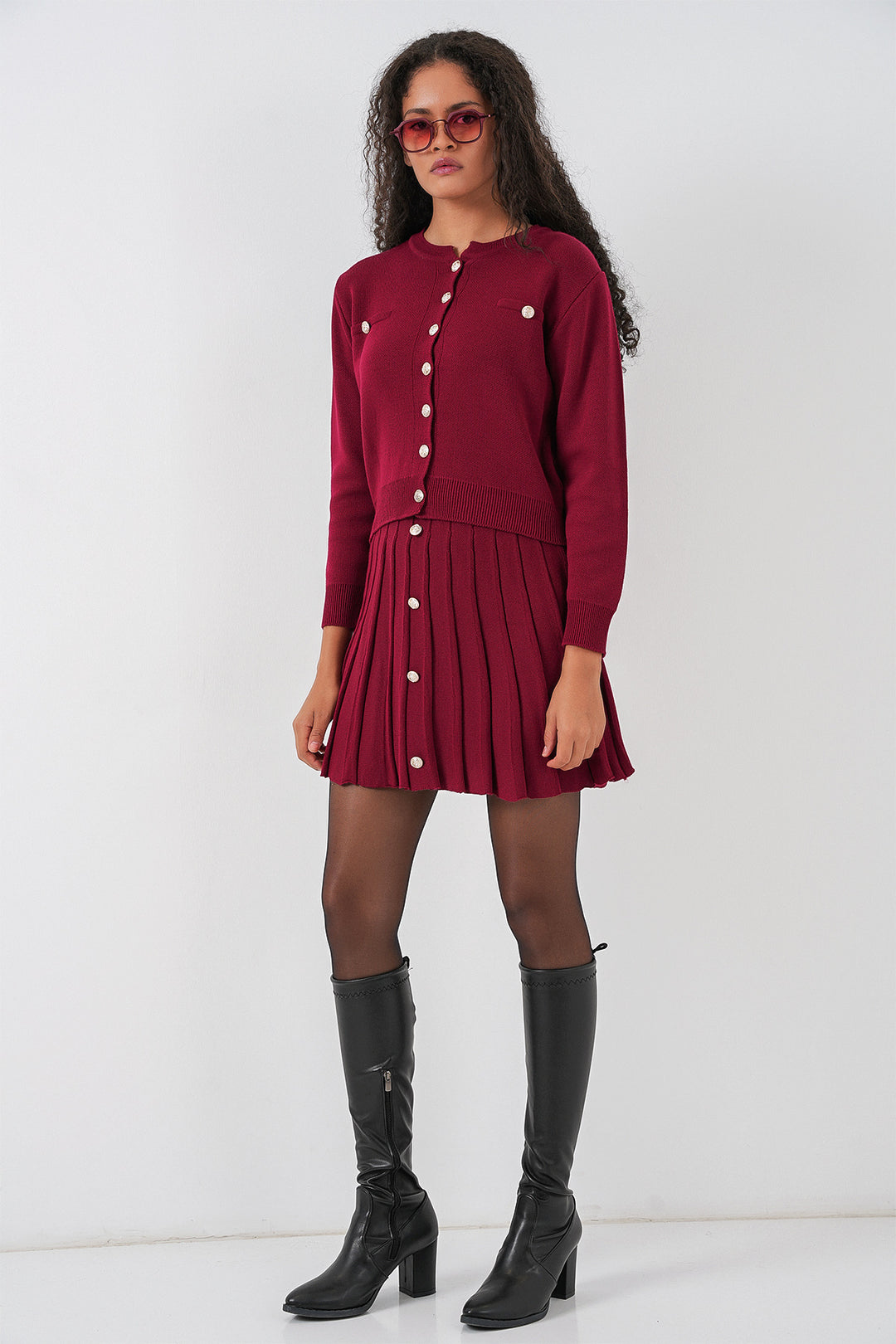 BGD Women Women's Knit Cardigan Skirt Set 15942 - Burgundy - Königs Wusterhausen