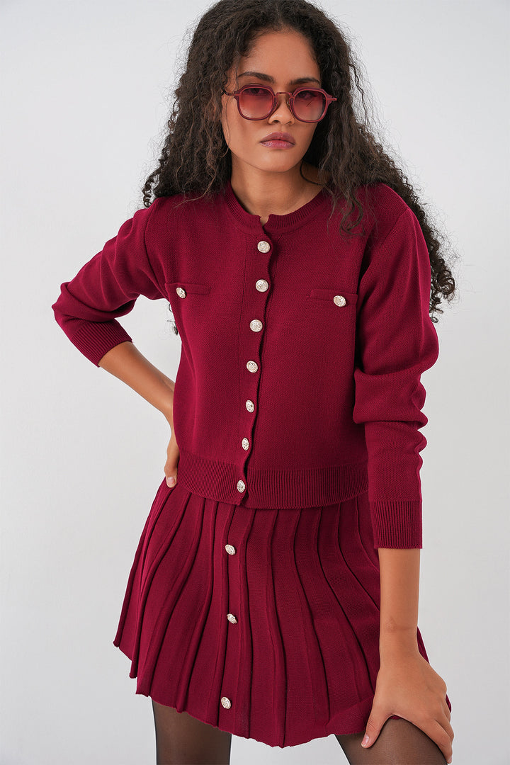 BGD Women Women's Knit Cardigan Skirt Set 15942 - Burgundy - Königs Wusterhausen