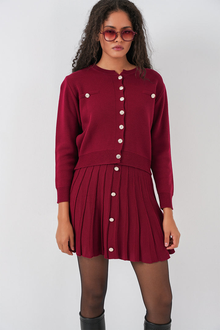 BGD Women Women's Knit Cardigan Skirt Set 15942 - Burgundy - Königs Wusterhausen