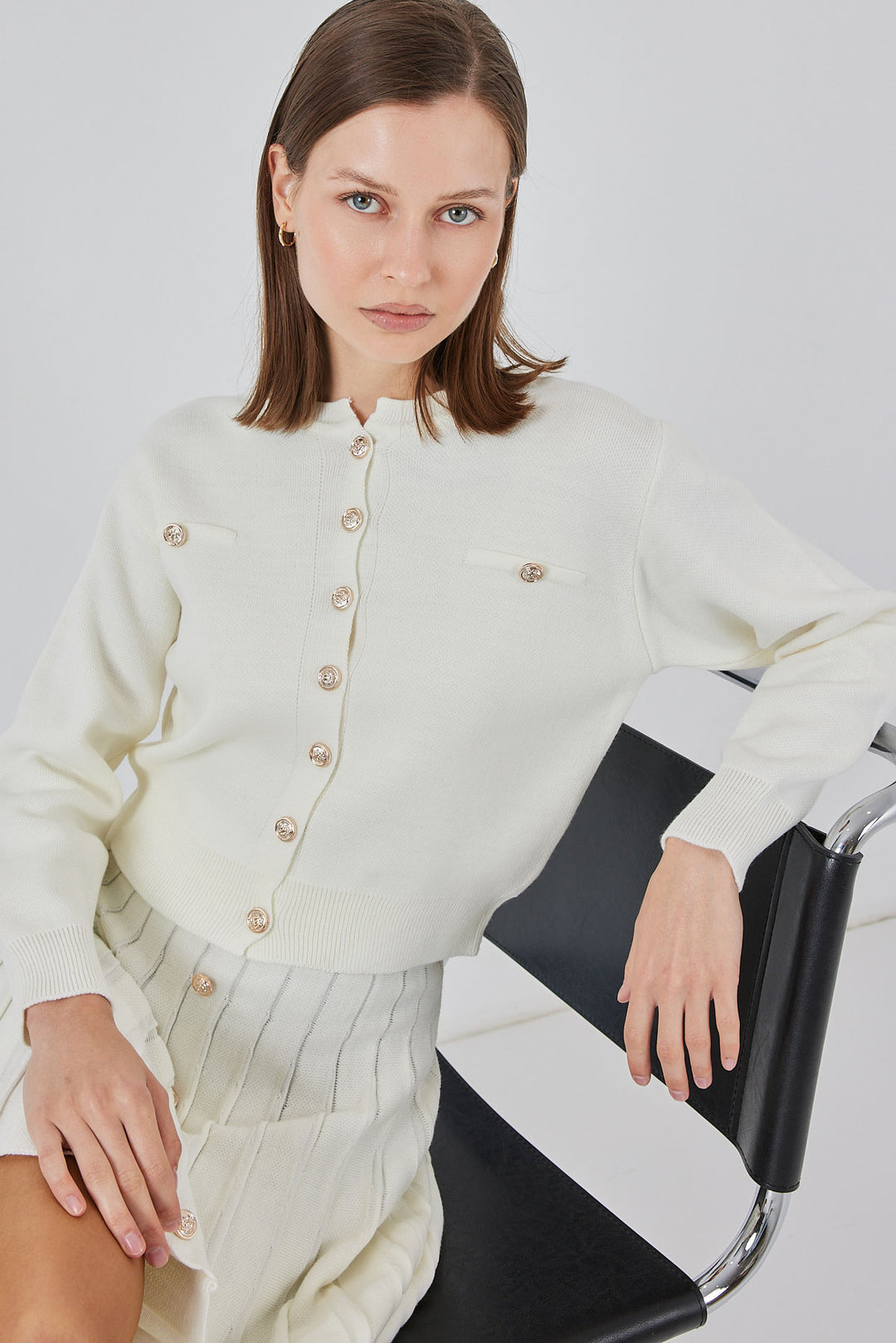 BGD Women Women's Knit Cardigan Skirt Set 15942 - Ecru - Guiseley