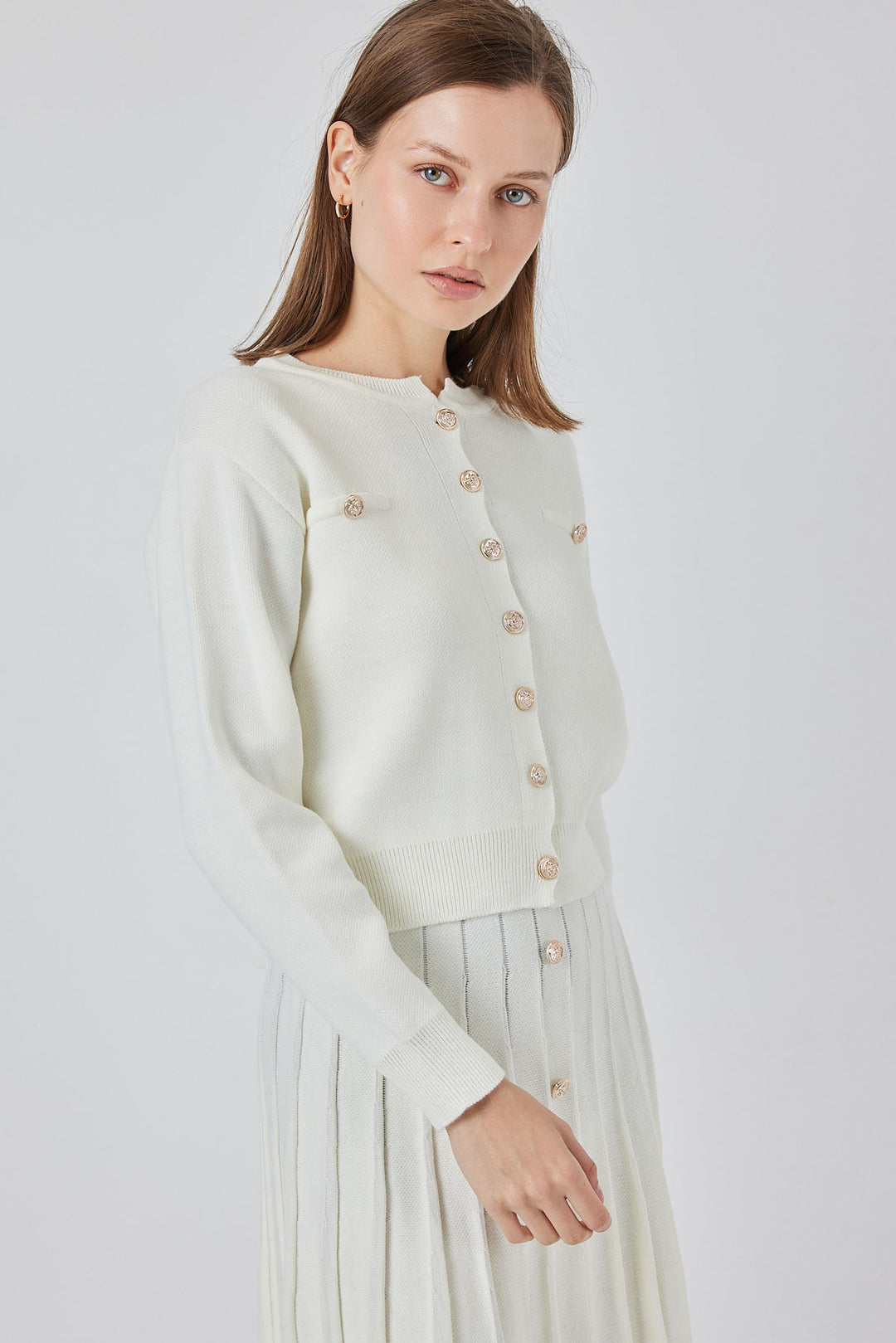 BGD Women Women's Knit Cardigan Skirt Set 15942 - Ecru - Guiseley