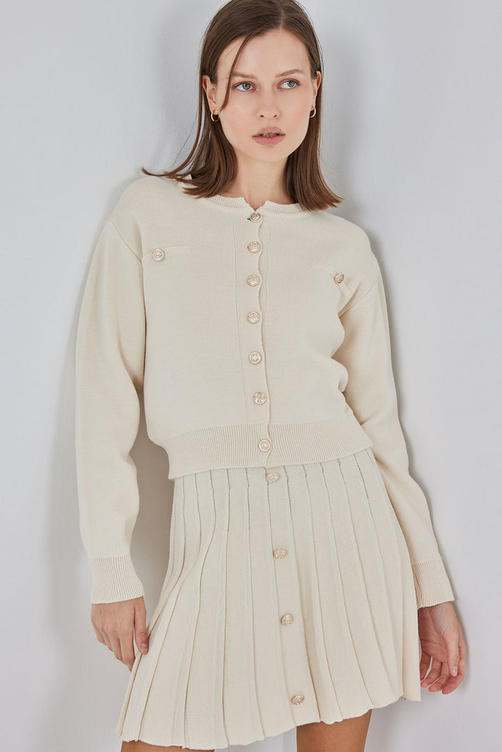 BGD Women Women's Knit Cardigan Skirt Set 15942 - Cream - Hornchurch