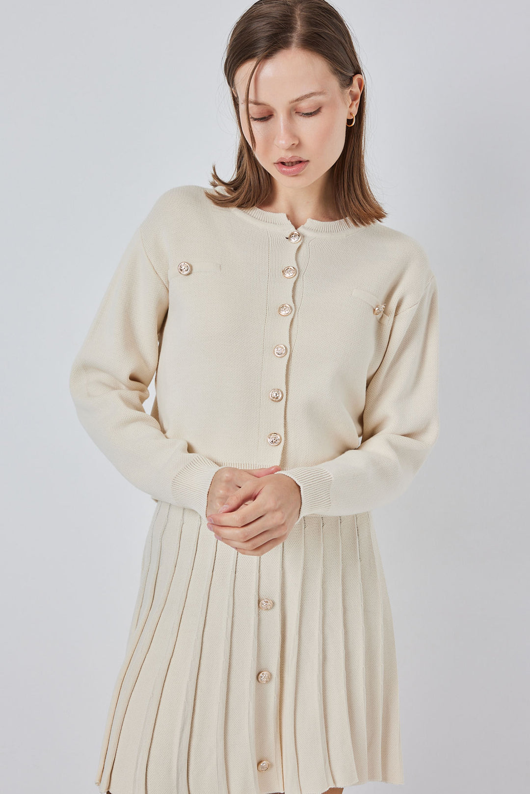 BGD Women Women's Knit Cardigan Skirt Set 15942 - Cream - Hornchurch