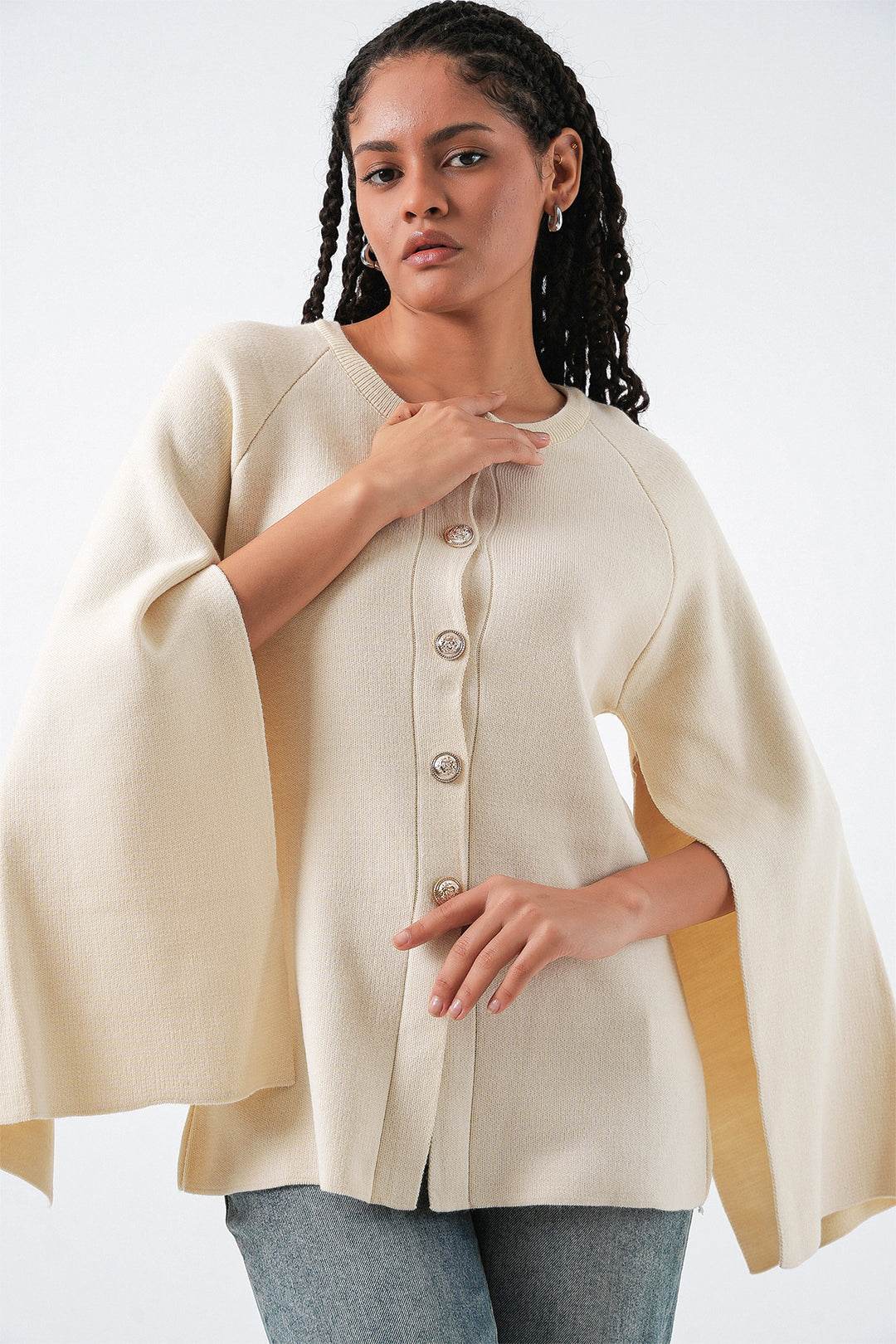 BGD Women Kadın Triko Panço Hırka 15965 - Ekru - Apatzingan de la Constitucion