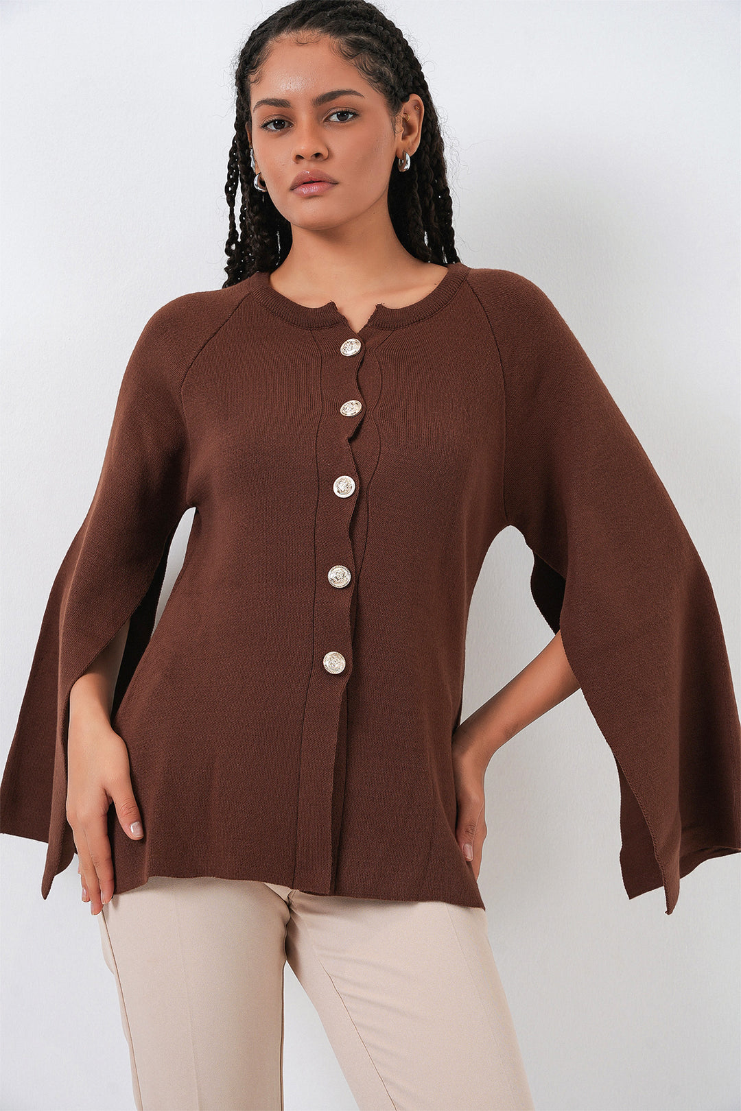 BGD Women Women's Knitted Poncho Cardigan 15965 - Brown - Hyde