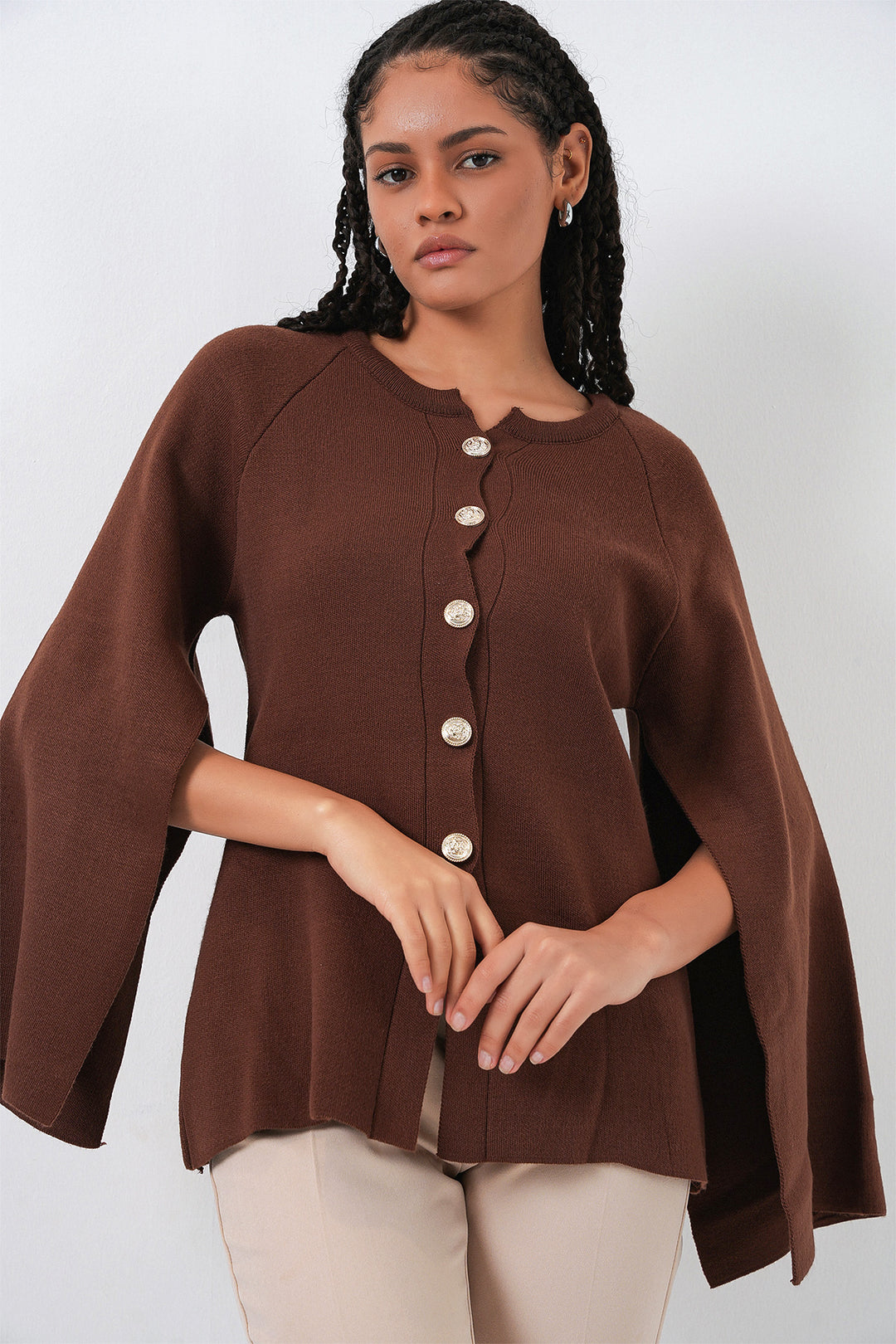 BGD Women Women's Knitted Poncho Cardigan 15965 - Brown - Hyde