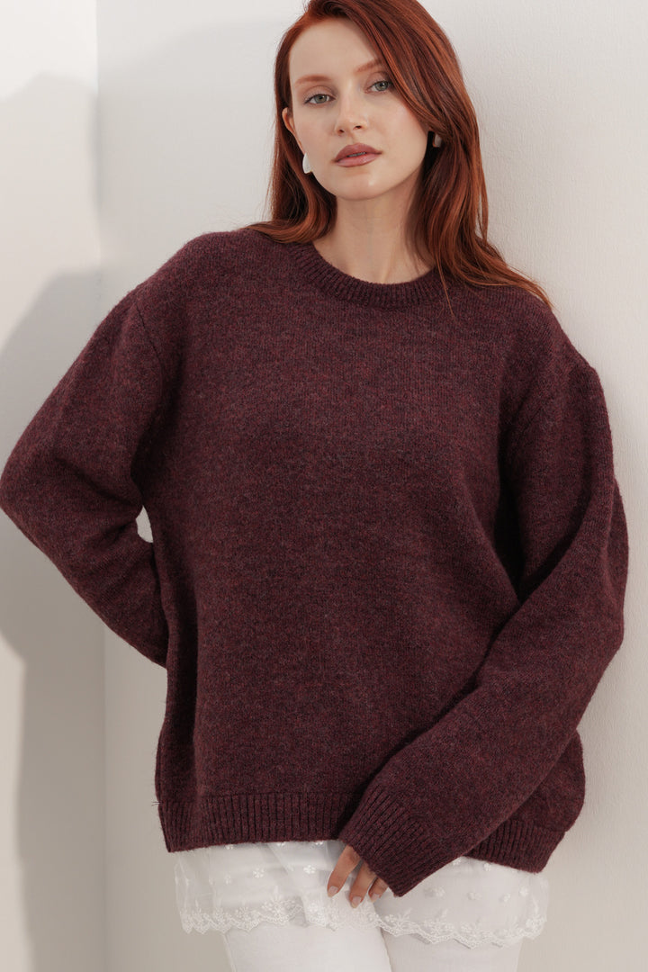 BGD Women Kadın Tül Detaylı Oversize Triko Kazak 15968 - Bordo - Bakhmut