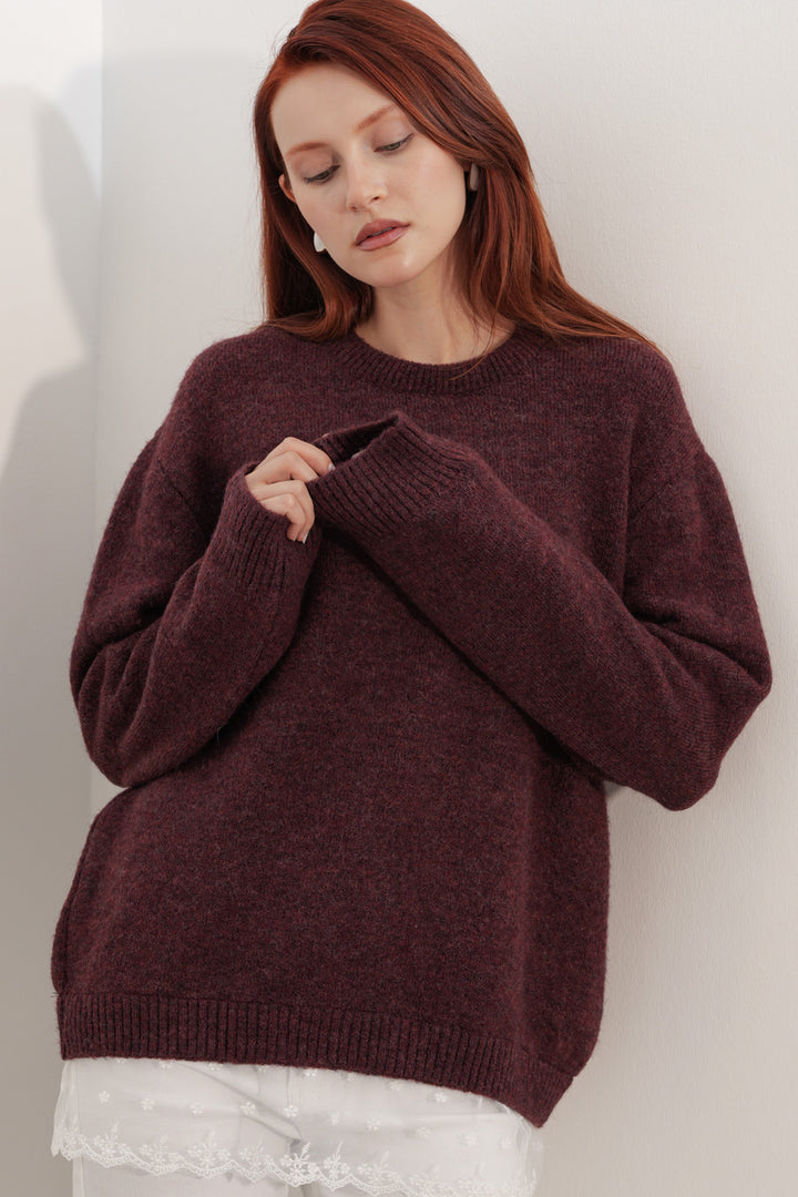 BGD Women Kadın Tül Detaylı Oversize Triko Kazak 15968 - Bordo - Bakhmut