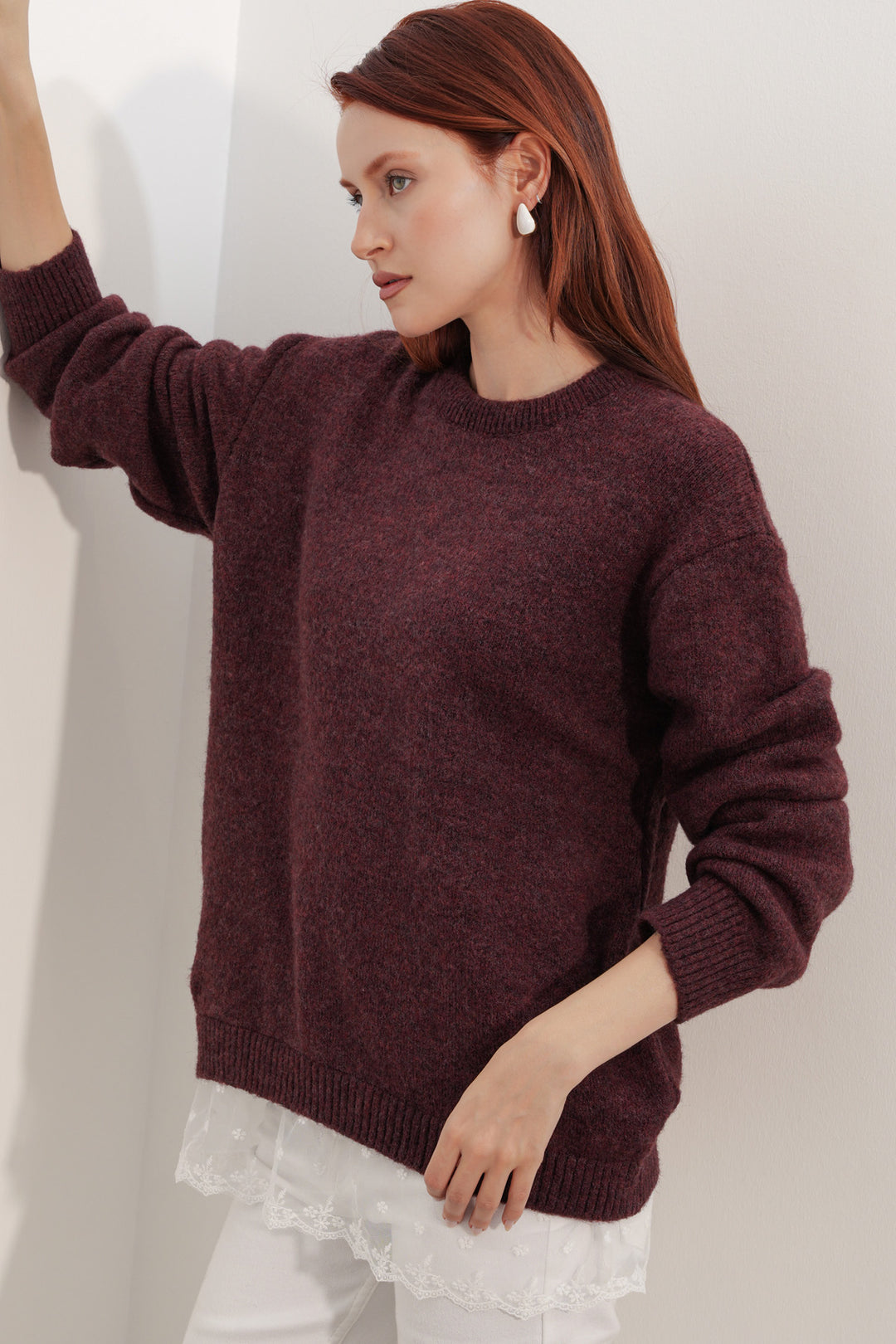 BGD Women Kadın Tül Detaylı Oversize Triko Kazak 15968 - Bordo - Bakhmut