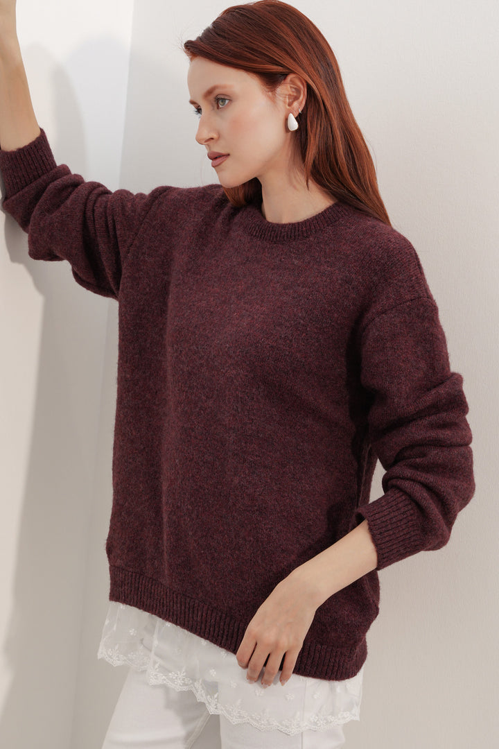 BGD Women Kadın Tül Detaylı Oversize Triko Kazak 15968 - Bordo - Bakhmut