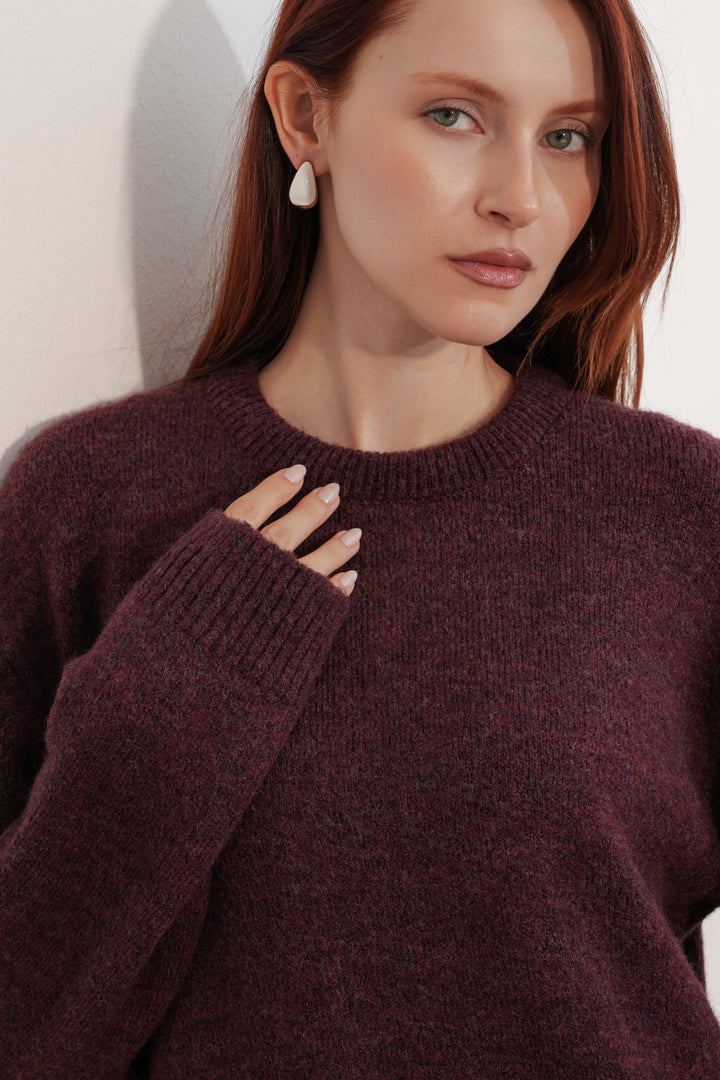 BGD Women Kadın Tül Detaylı Oversize Triko Kazak 15968 - Bordo - Bakhmut