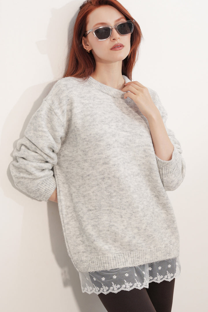 BGD Women Kadın Tül Detaylı Oversize Triko Kazak 15968 - Ekru - San Juan Despí