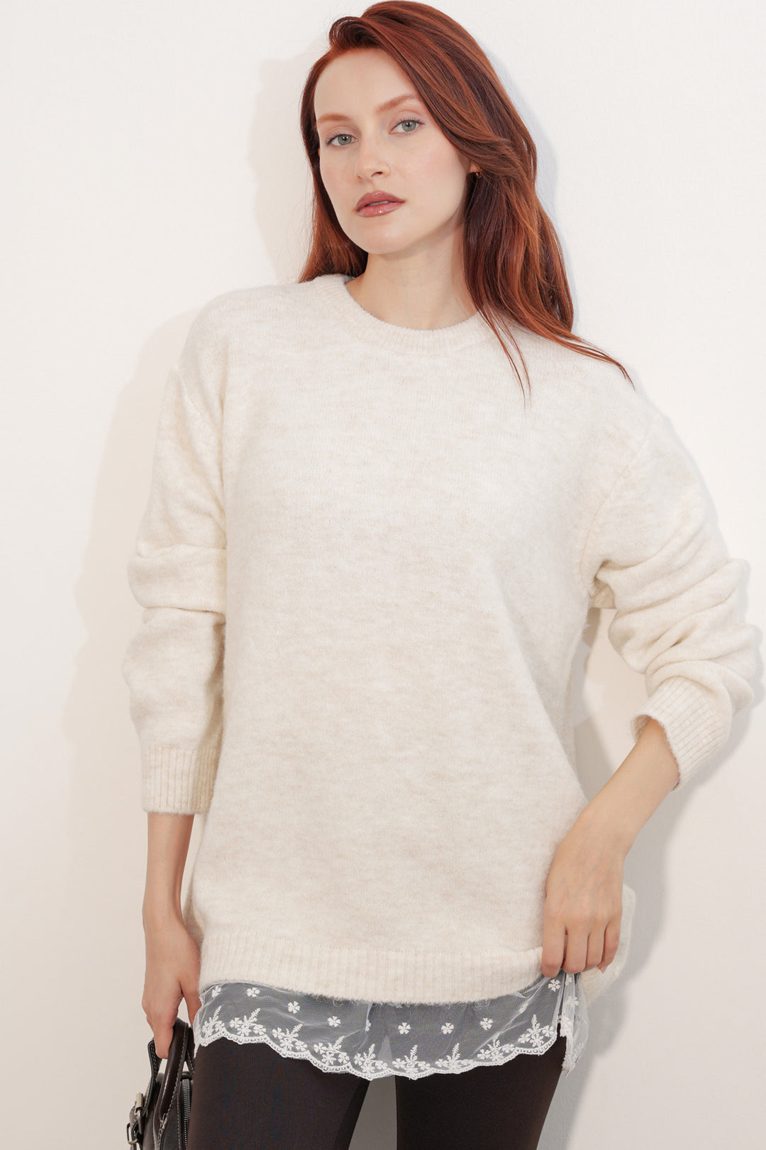 BGD Women Kadın Tül Detaylı Oversize Triko Kazak 15968 - Krem - Uden