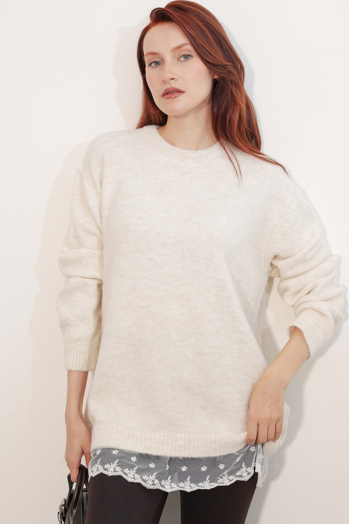 BGD Women Kadın Tül Detaylı Oversize Triko Kazak 15968 - Krem - Uden